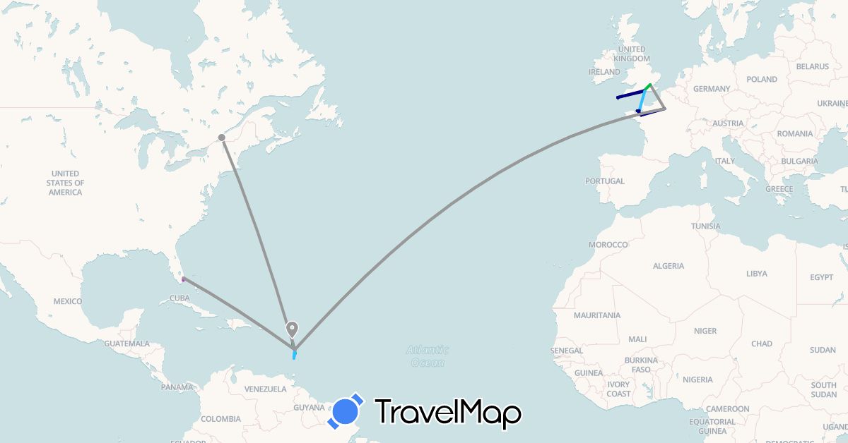 TravelMap itinerary: driving, bus, plane, train, boat in Canada, Dominica, France, United Kingdom, Saint Lucia, United States, Saint Vincent and the Grenadines (Europe, North America)